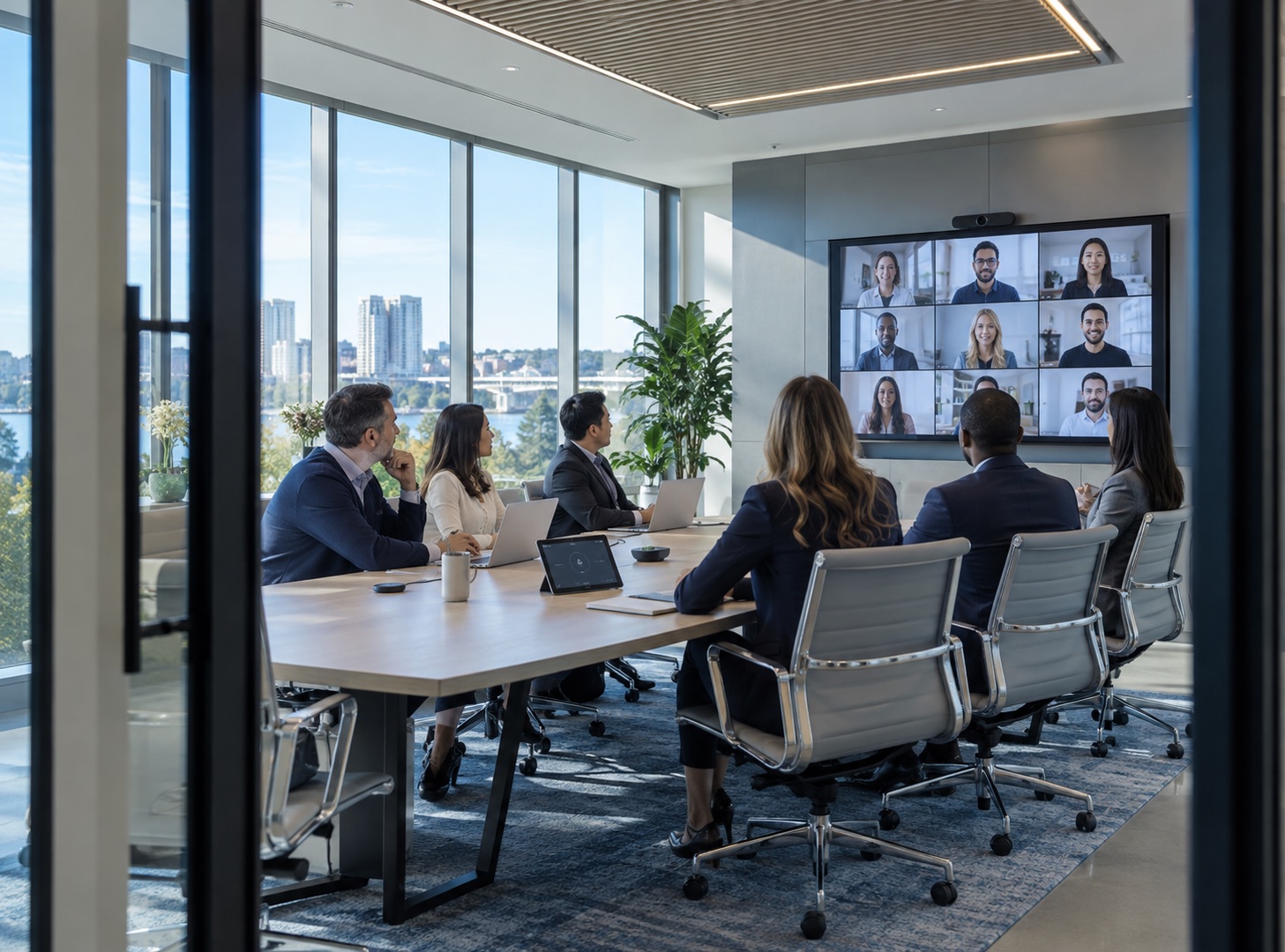 Conceptual commercial AV conference room with a video collaboration system