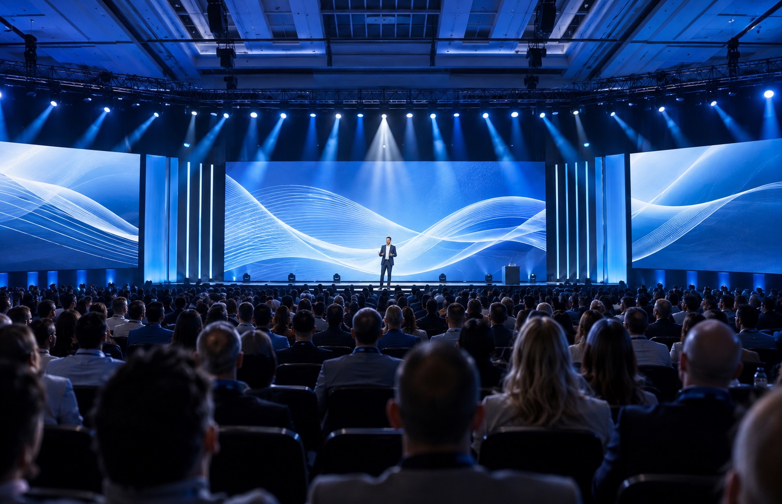 Conceptual live event with a presenter, audience, and blue LED stage